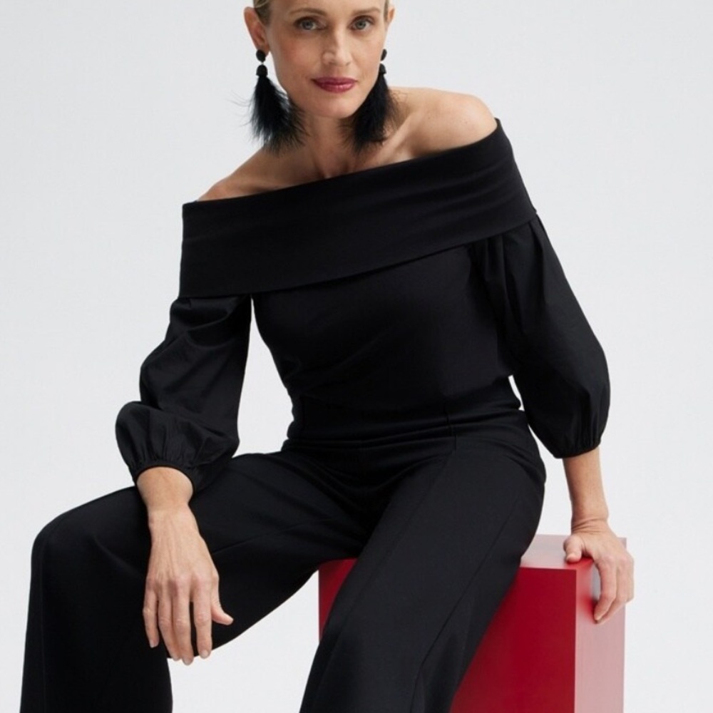 Chicos Off the Shoulder Knit and Poplin Top Black XXL / 4